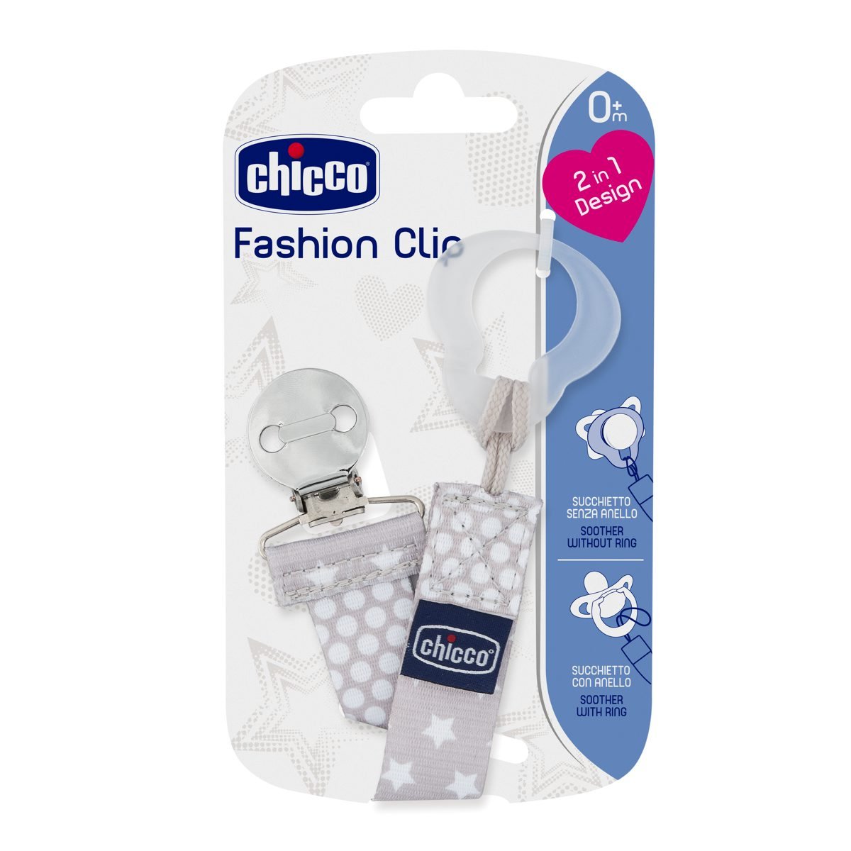 Chicco Fashion Clip Salvasucchietto Con Nastro, Universale, Per Agganciare Ciucci, Catenella Porta Ciuccio Neonato, Neutro, 0 Mesi+
