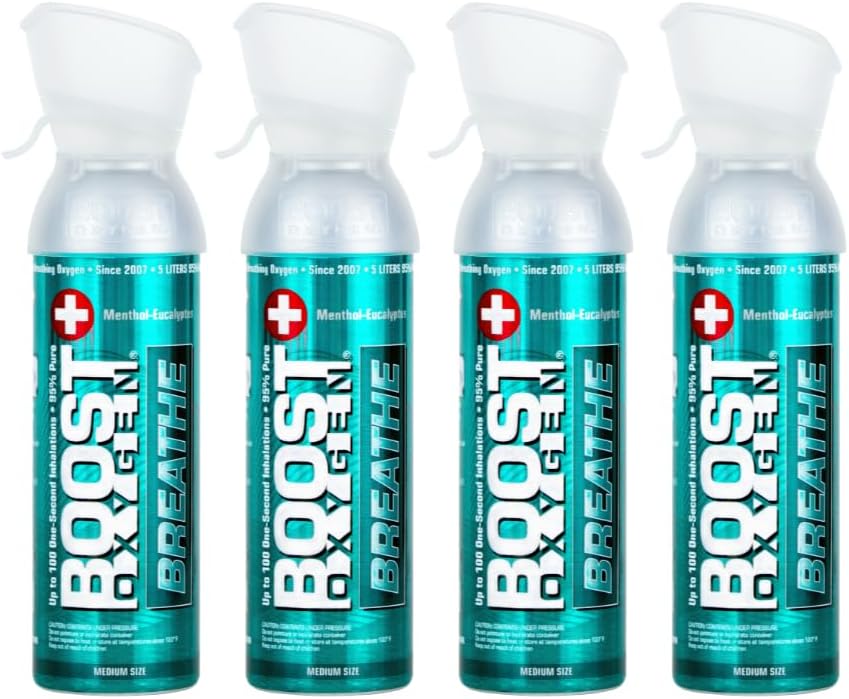 Boost OxygenPortable Oxygen Cylinder with 95% Oxygen - 20L, 4x5L Oxygen Canister with Oxygen Mask for More Than 400 Inhalations - Portable Oxygen Can, Oxygen for Home use (Menthol-Eucalyptus Flavour)