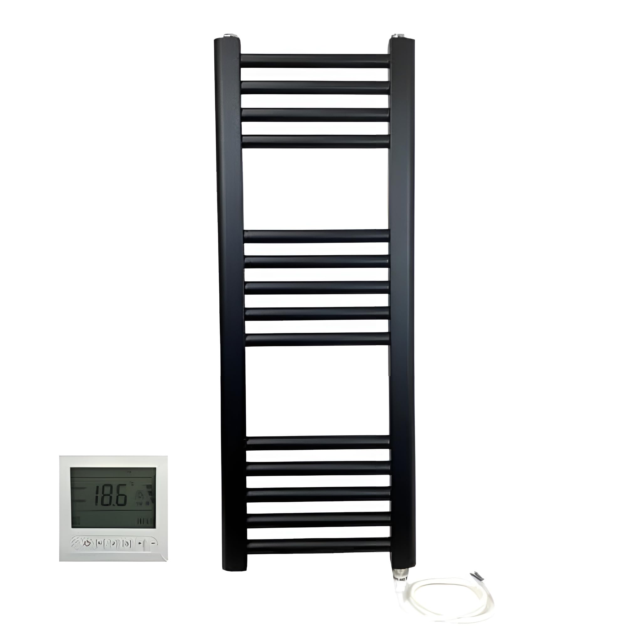 Greened House 300w x 800h Black Electric Straight Heated Bathroom Towel Rail + Timer and Room Thermostat
