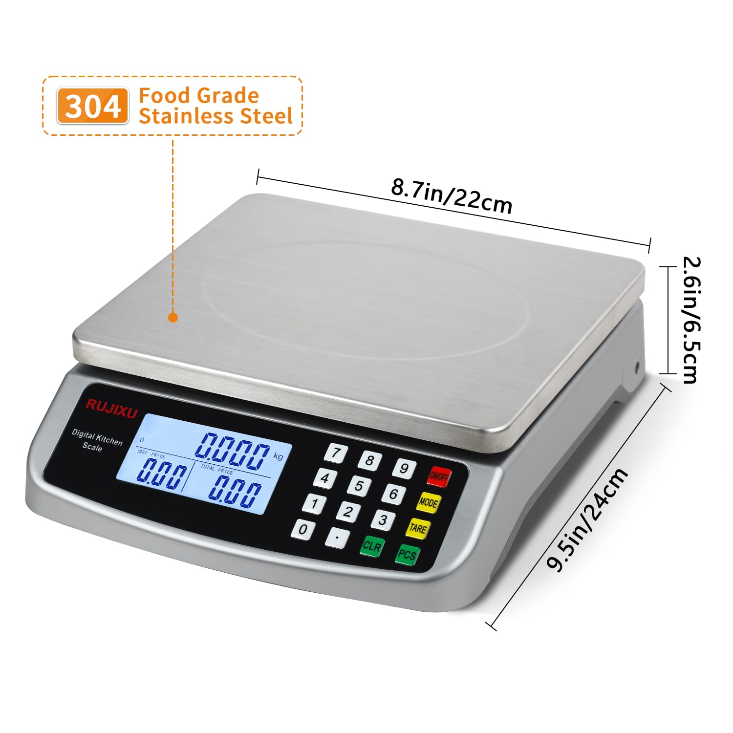 Báscula digital grande de cocina de 88 lb/40 kg, escala de 0.05 oz/1 g con escala comercial de cálculo de precios, báscula de gramos de acero inoxidable 304 para hornear, cocinar carne, restaurante