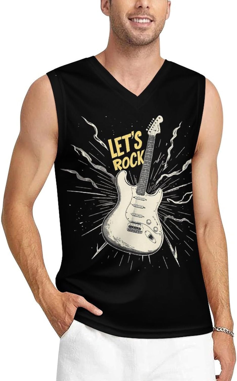 Guitar Let's Rock Men's V-Neck Basketball Tank Top Sleeveless Workout Tank Shirts Gym Fitness Tees Vest