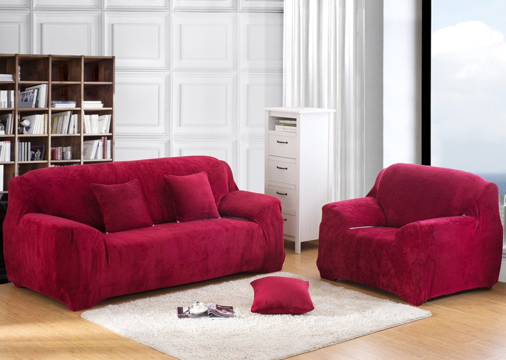 Miękkie pokrowce na sofę 1/2/3/4-osobowa sofa ochraniacz aksamit łatwe dopasowanie elastyczny materiał elastyczny gruby pokrowiec na kanapę (3-osobowa: 195-230 cm, czerwone wino)
