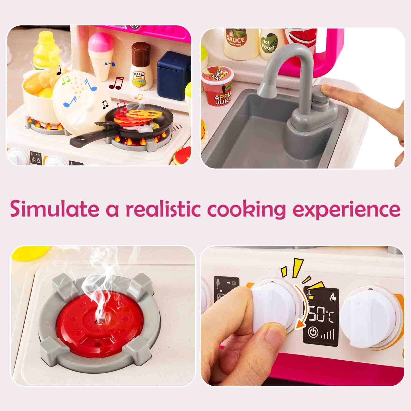 HOMASIS Set Cucina Giocattolo con 54 Pezzi, Gioco da Cucina con Luci e Suoni Realistici, Simulatore di Fornelli con Spruzzo e Lavello con Acqua Automatica, per Bambini dai 3+ Anni (Rosa)