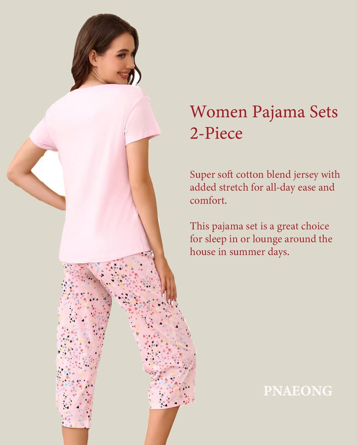 PNAEONG 2 Pack Women's Cotton Pajama Sets Short Sleeve Sleepwear Tops with Capri Pants Summer Loungewear Pj Sets S-3XL - Image 6