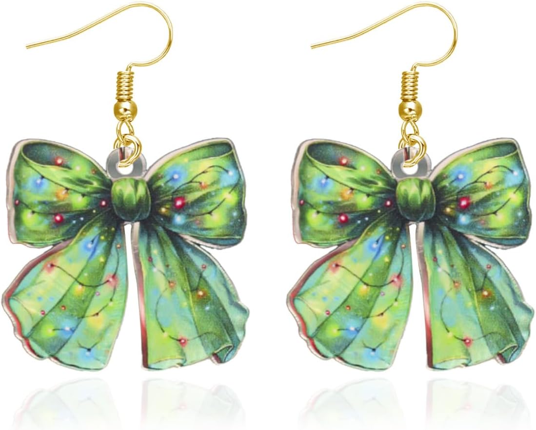 Christmas Earrings for Women Holiday Earrings Red Green Bow Reindeer Cherry Dangle Acrylic Jewelry Gifts