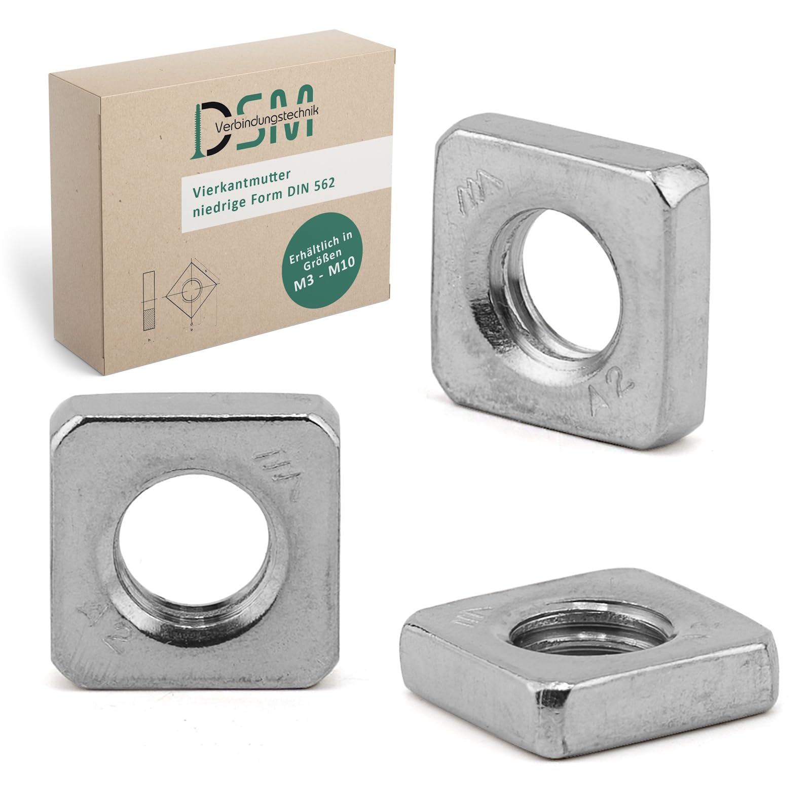 DSM | Dadi quadrati M5 secondo DIN 562 | forma bassa | Acciaio Inox A2/V2A - antiruggine e resistente alla corrosione | Dadi lisci, dadi quadrati, dadi di inserimento per profili scorrevoli, mobili