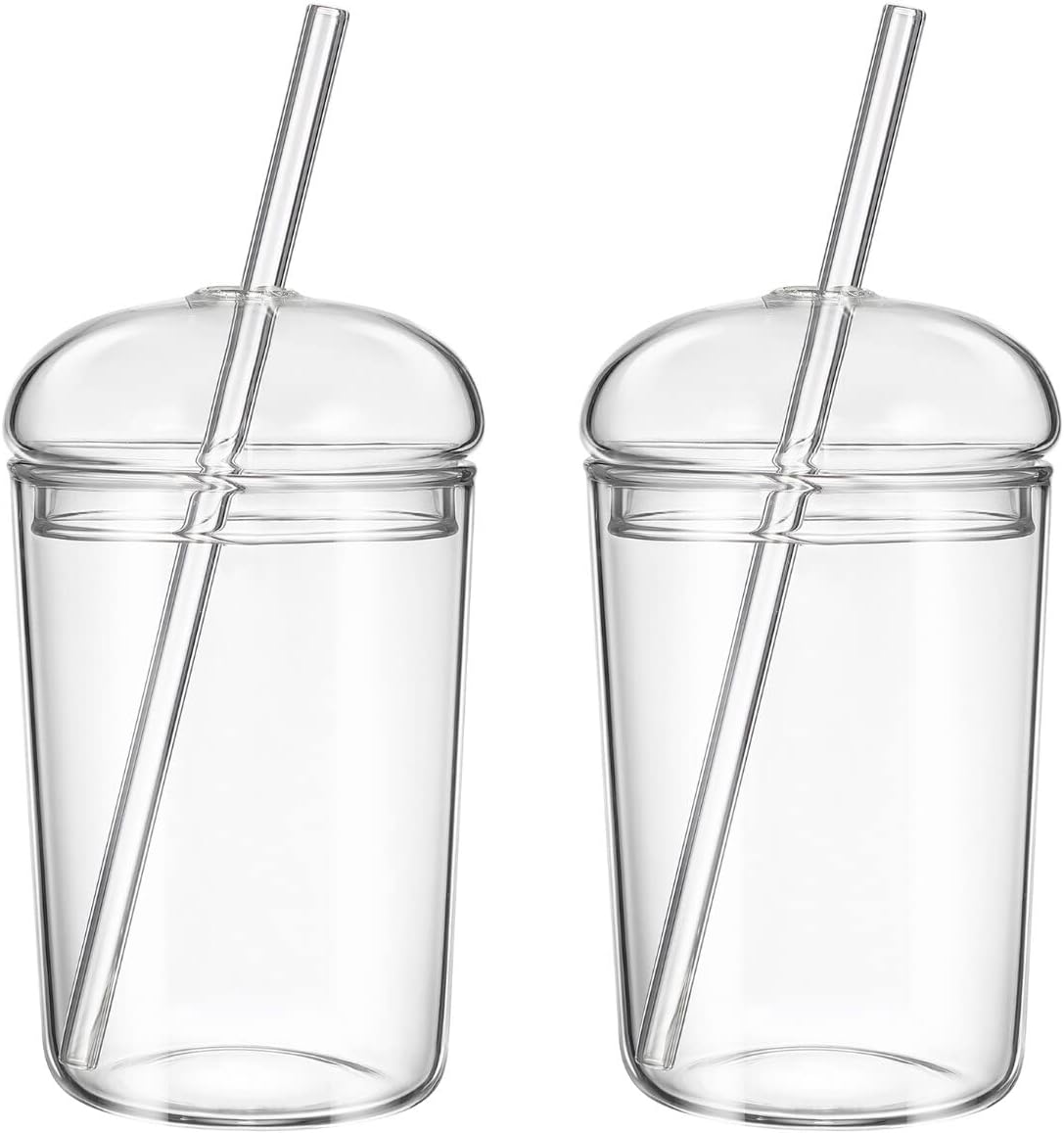 Angoily Iced Cup, 2 PCS Glass Coffee Cups with Lids and Straws 15oz Drinking Glasses Can Shaped Tumbler Cute Tumbler, Household Clear Beverage for Cocktail, Whiskey