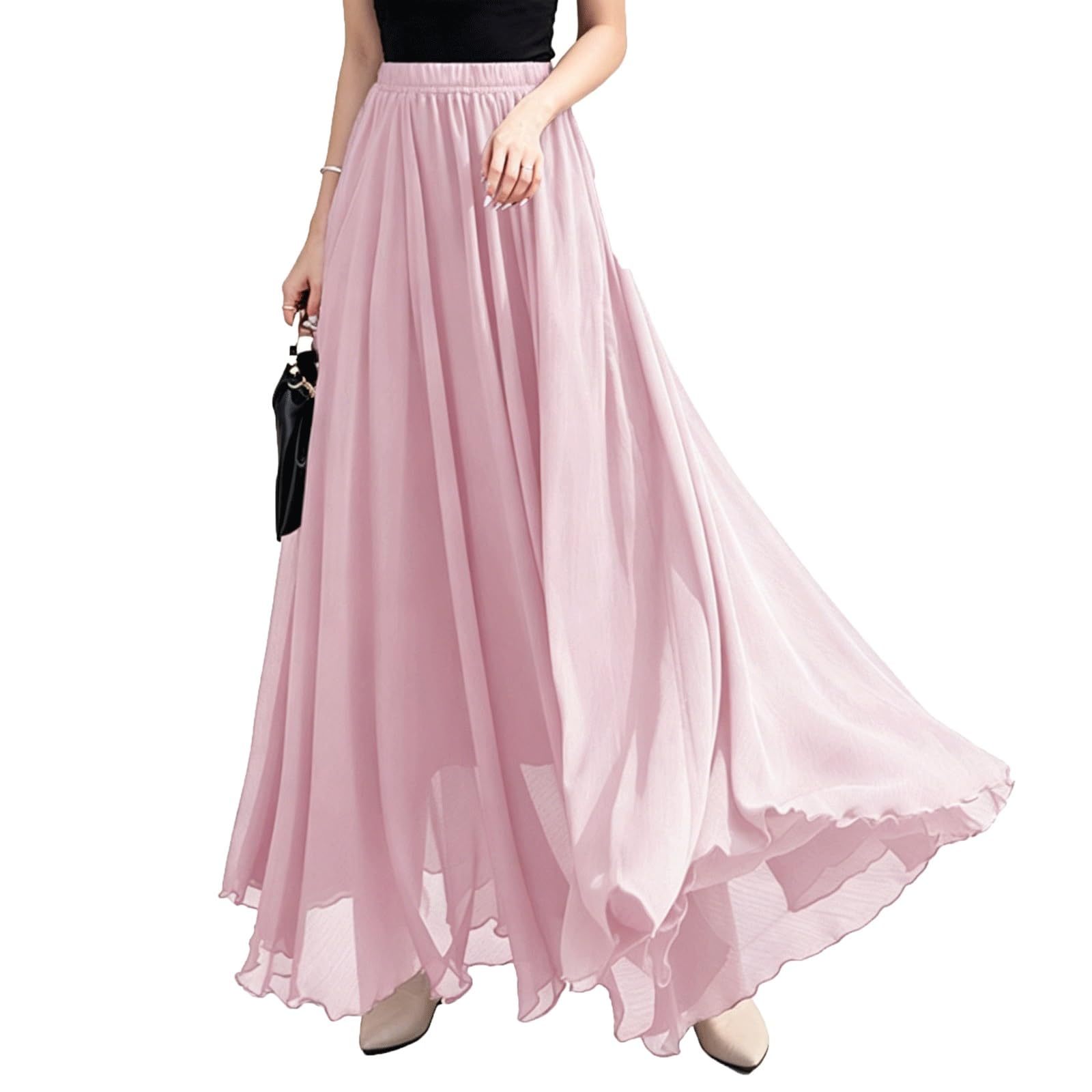DUddTTW Solid Color Women's Maxi Skirts High Waisted Midi Swing Skirt Casual(Rose,Lagre)