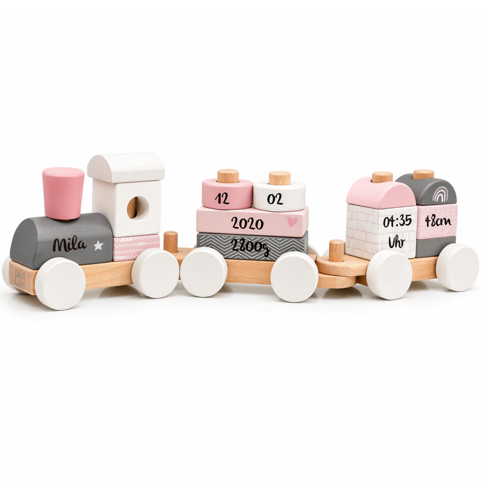 Personalisierte Holzeisenbahn rosa – Personalisierte Geschenke Baby | Steckspielzeug | Geschenk zur Geburt Mädchen | Holzzug mit Name & Geburtsdaten – Label Label