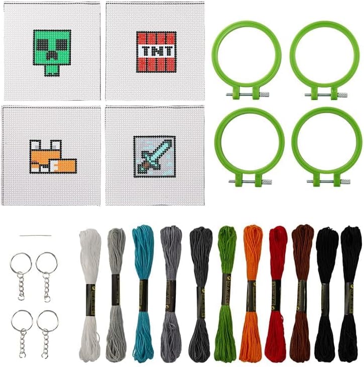 Paladone Minecraft Officially Licensed Cross Stitch Charm Set of 4, Creeper, TNT, Sword and Fox, Idea Gamer Gift for Boys and Gifts, Arts and Crafts DIY Gaming Decor and Accessory