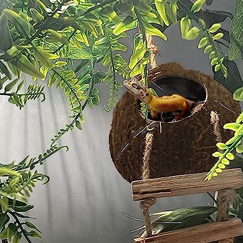 Image of 6PCS Crested Gecko Coconut Hut, Lizard Coco Den with Ladder and Reptile Hammock Bearded Dragon Tank Accessories Climbing Hanging Plants Jungle Vine Flexible Reptile Leaves Decor