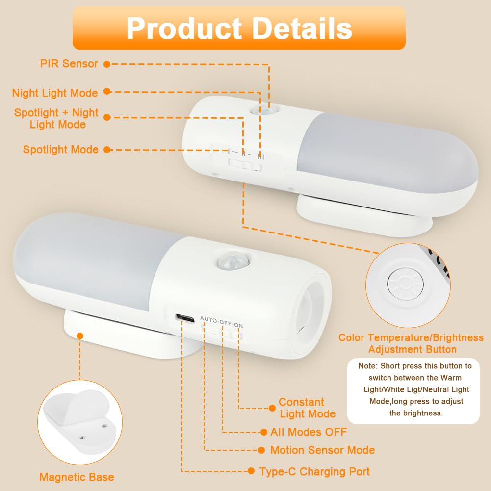 HOTUT Luce Notturna Batteria, 2 Pezzi Luce Notturna con Sensore di Movimento Ricaricabile Tramite USB, 3 modalità Magnete Incorporato, 3000K Bianco Caldo, per Cameretta, Cucina, Corridoio, Soggiorno