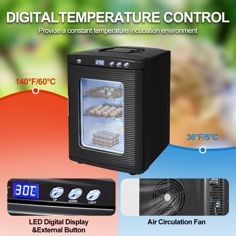 Incubadora de huevos de reptiles, incubadora de laboratorio científico de 25 litros con control de temperatura de 5 ° C-60 °C, pantalla LED, giro automático, ventilación dual para cría de serpientes