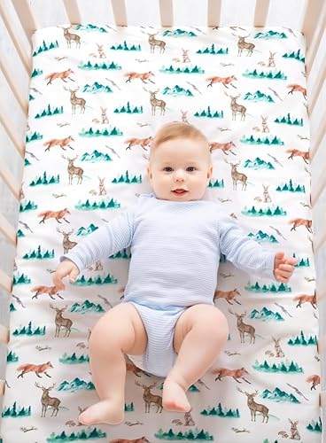 Miniatura 3 de Juego de 4 sábanas ajustables unisex para cuna, diseño de animales del bosque del bosque, de madera, neutro, para bebés, niños o niñas, bosque