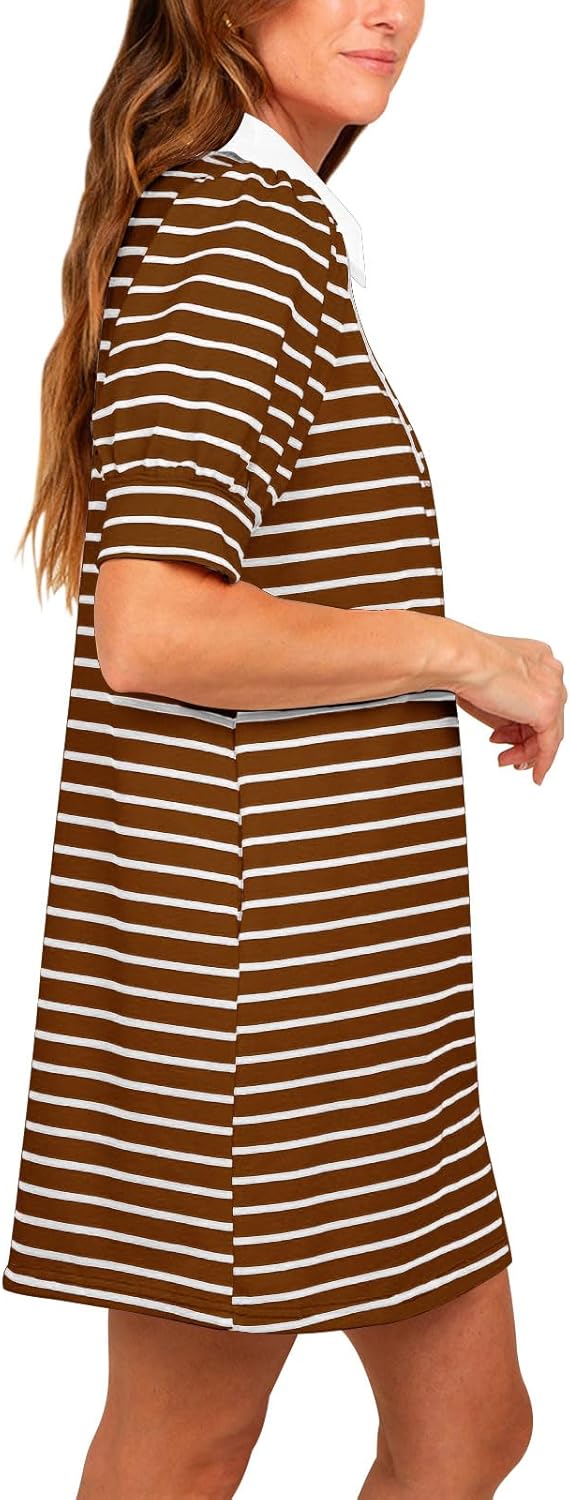 Yousify Women's Summer Lapel Collared V Neck Striped Dress Casual Puff Short Sleeve Polo Tshirt Dresses with Pockets - Image 4