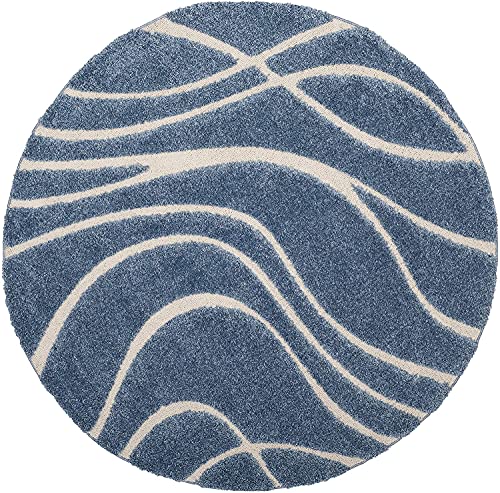 Image of Geometric Wave Round Shaggy Carpet for Living Room, Bedroom, High Low Design Finish Microfiber 1.8 Inch Pile High, 8x8 Feet Royal Blue|Ivory Color