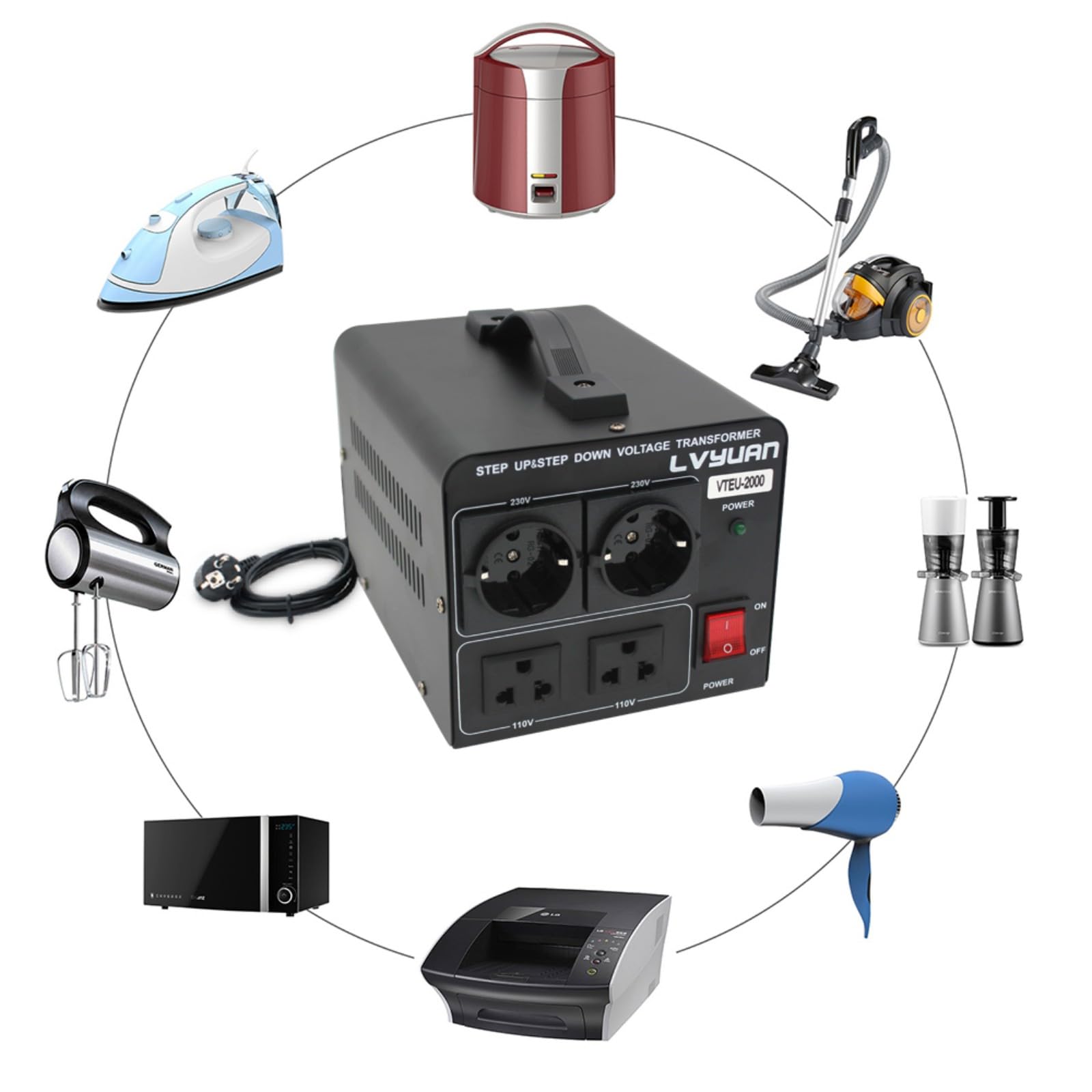 Cantonape 2000W Transformador de conversor de voltaje, Step Up/Down Converter 220/240 voltios - 110/120 voltios 110V -Transformador Elevador/cable de alimentación de la EU
