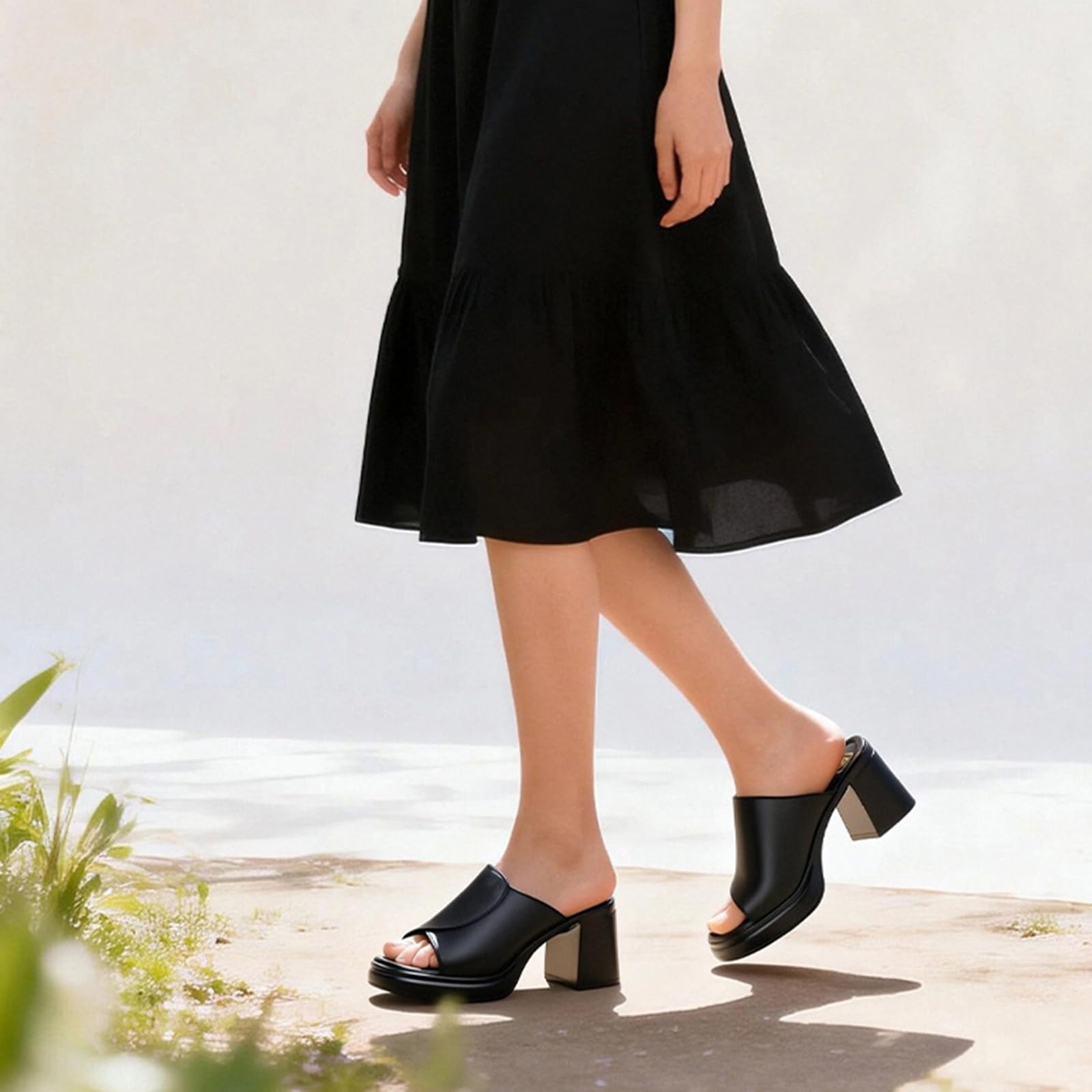 Mules con Plateau Donna in Vera Pelle - Sandali con Tacco Largo da 7,5 cm, Ciabatte Tacco Alto a Punta Aperta Scarpe Estive Eleganti Comode, Nero