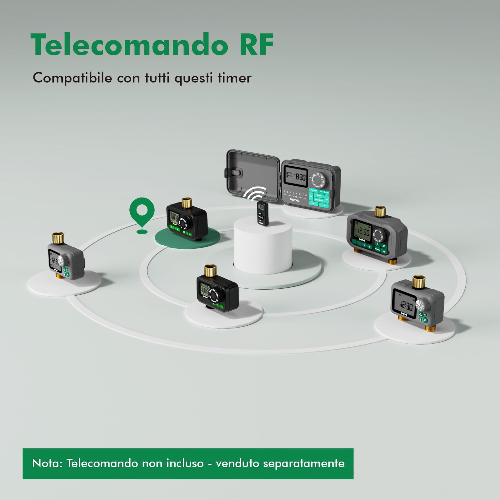 RESTMO Timer per Irrigazione a 2 Zona con Chip RF | Integrato per Accesso Remoto Opzionale, Automatico/Manuale/Ritardo Pioggia, Per Tubo da Giardino, Rubinetto Esterno