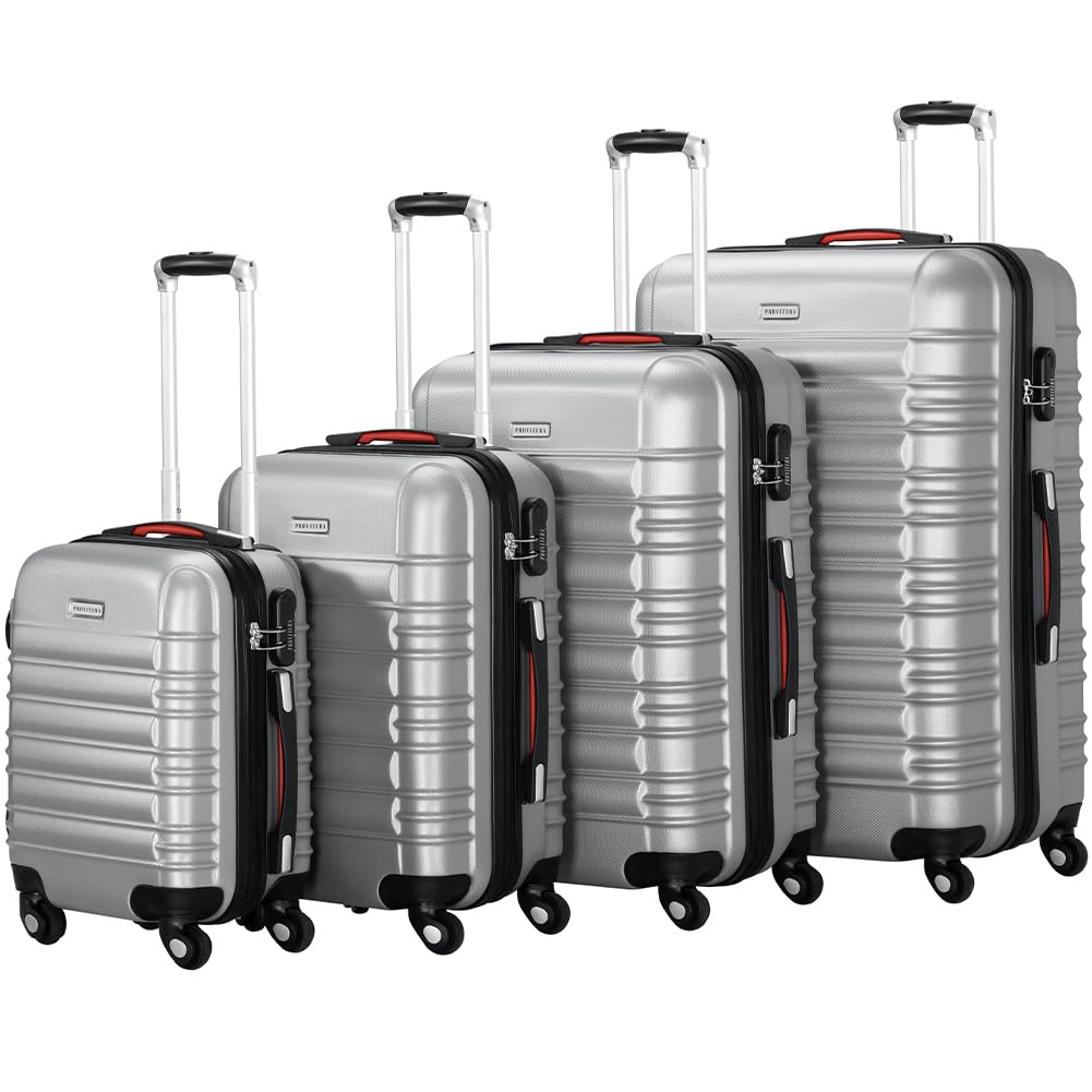 Set 4 Valigie Rigide in ABS, Valigia Rigida S-M-L-XL con Manico Telescopico Gel e 4 Ruote Easy Roll, Trolley Resistente e Leggero da Viaggio, Bagaglio a Mano con Serratura Codice (Silver)