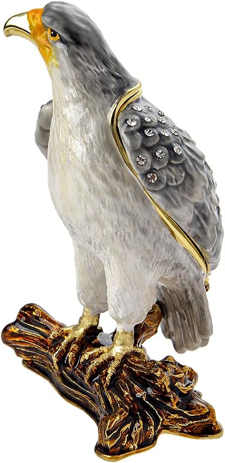 Golden Crystal Enameled Hawk Jewelry Box, Hand-Painted Hinged Bird Trinket Box, Elegant Home Décor & Unique Gift for Bird Lovers