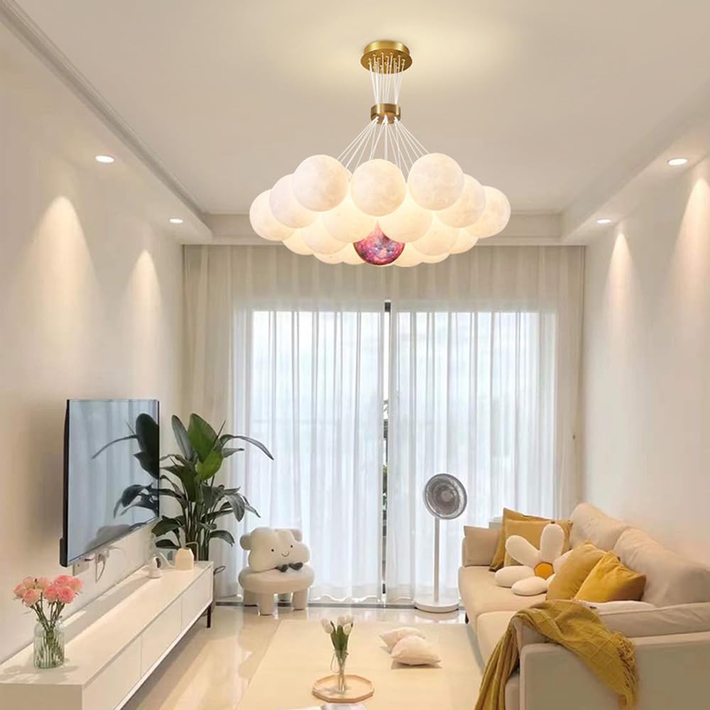 Luna Pianeta Terra Lampadario Decorazione della casa Lampada a sospensione a sfera di latte bianco Luce rosa a grappolo Lampadario a soffitto a bolle Sala da pranzo Lampada a sospensione a LED