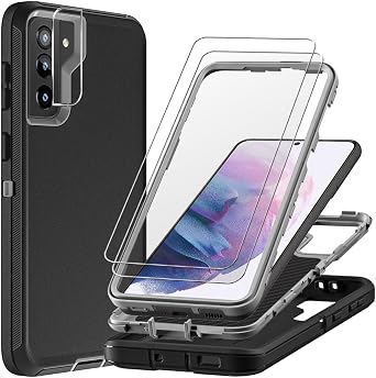 for Samsung Galaxy S21 Plus Case with 2Pcs Tempered Glass Screen Protector and 1Pcs Camera Lens Protector, Military Grade Heavy Duty Shockproof/Drop Proof/Dust Proof Case Black/Grey