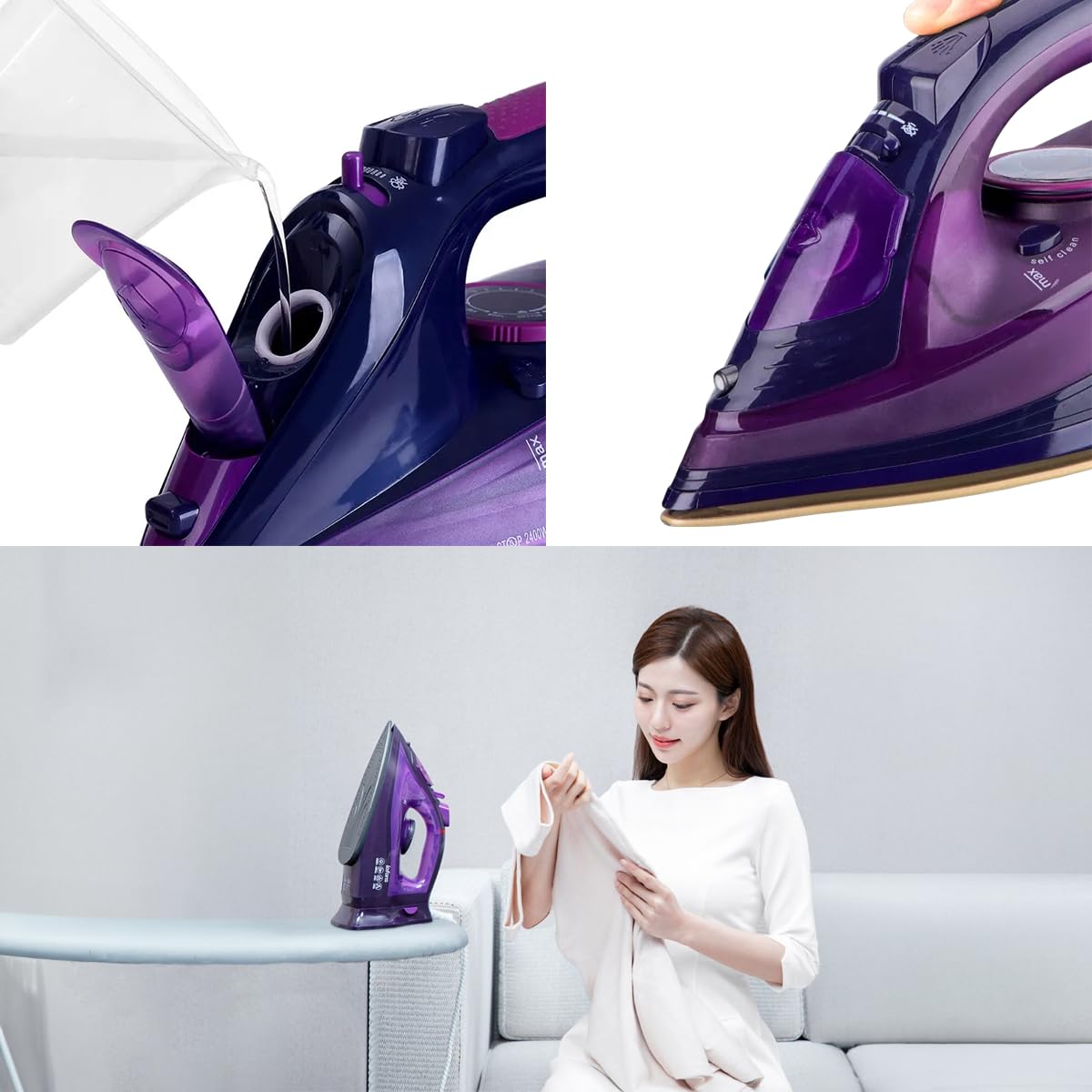 Ferro da stiro a vapore senza fili con piastra ceramica, 2400 W, viola, levigatura efficace, delicato sui tessuti, funzione antigoccia, rinfrescante