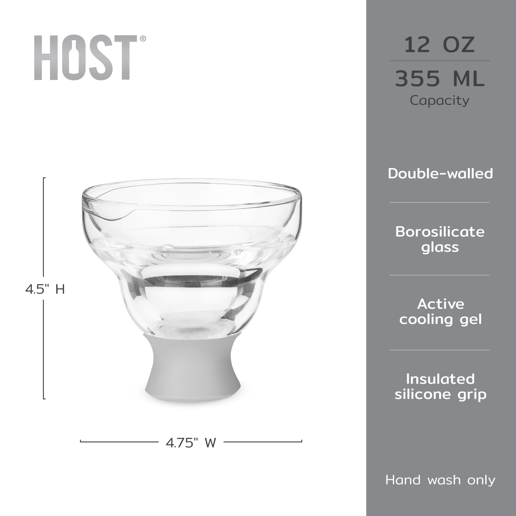 Host Glass Freeze - Set di bicchieri da margarita senza stelo con fascia in silicone, set da 2 bicchieri da margarita da 350 ml, colore grigio