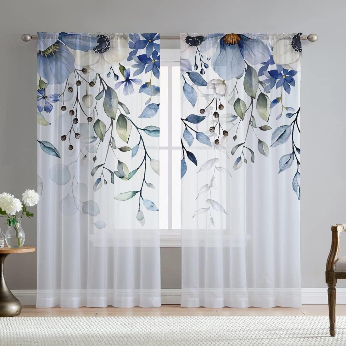 Fereyis Blue Flower Sheer Curtains for Living Room 84 inch Length 2 Panels Set Elegant Leaves Spring Printed Window Curtain Chiffon Drapes for Bedroom