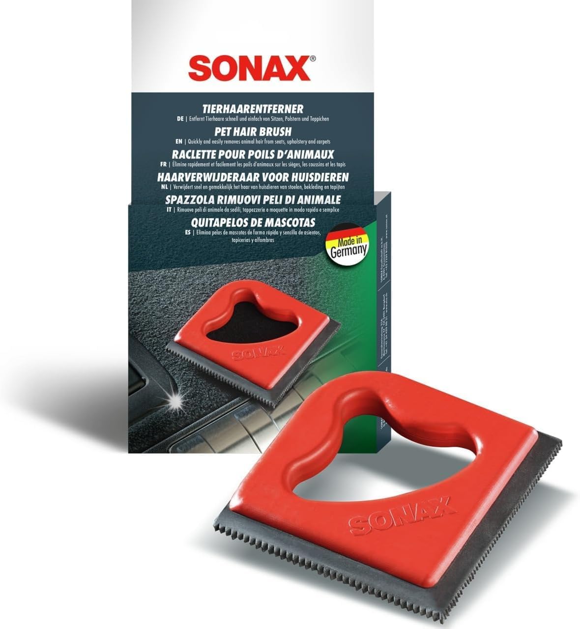 SONAX Pet Hair Remover Brush for Easy Removal of Pet Hair from Car Interiors, Hard-to-Reach Corners | Ergonomic Design | Flexible Rubber Lips in 2 Sizes | Lightweight Tool | Item | Art.No. 04978000