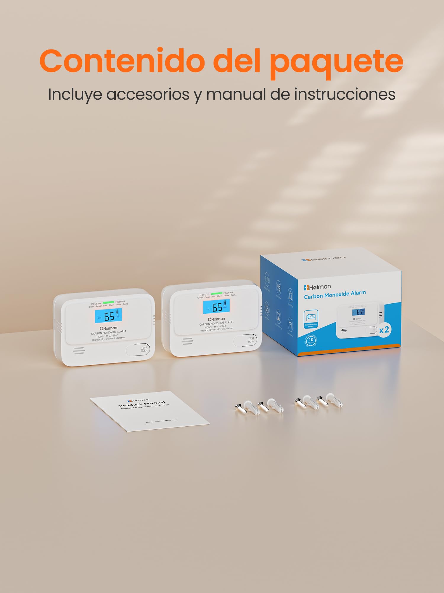 Heiman Detector de monóxido de carbono con pantalla LCD digital, 2 unidades | Detector de monóxido de carbono con batería de 10 años, detector de CO para el hogar, alarma CO BSI, norma EN 50291