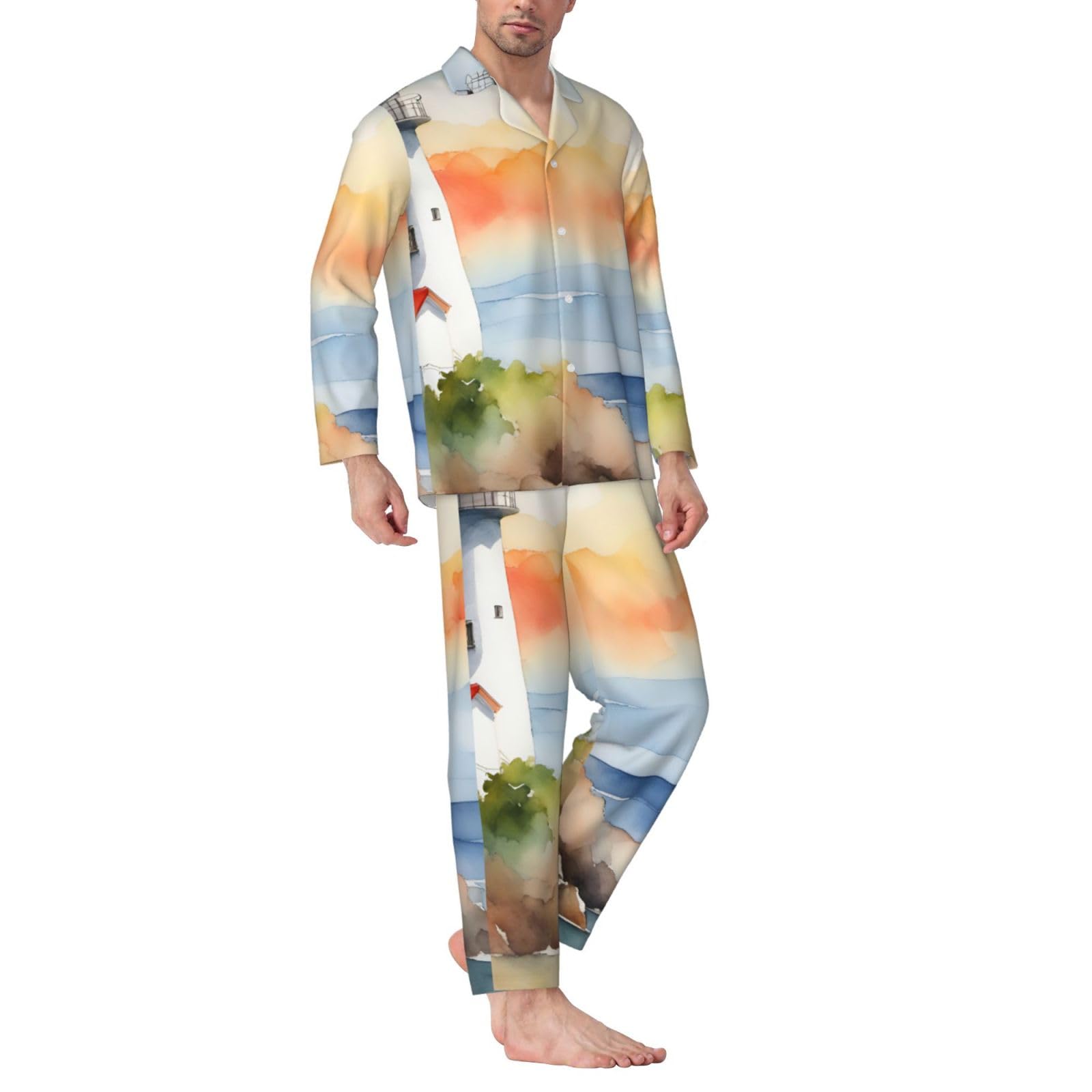 Herren-Pyjama-Set mit Leuchtturm-Aufdruck, langärmelig, zweiteilig, Hauskleidung, bequeme Nachtwäsche