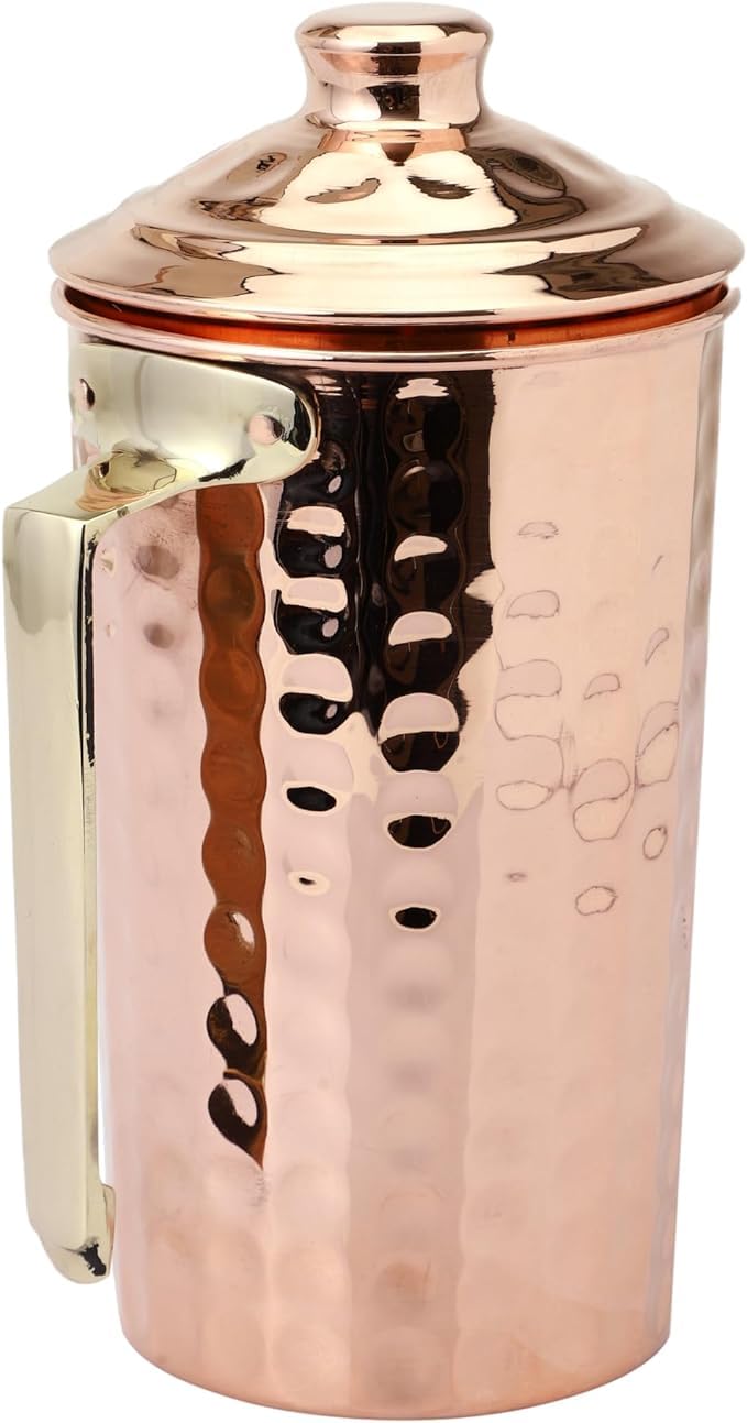 ANCIENTIMPEX Wasserkrug aus reinem Kupfer, gehämmert, mit Deckel und Messinggriff für Ayurveda und gesundheitliche Vorteile (moderner Stil)