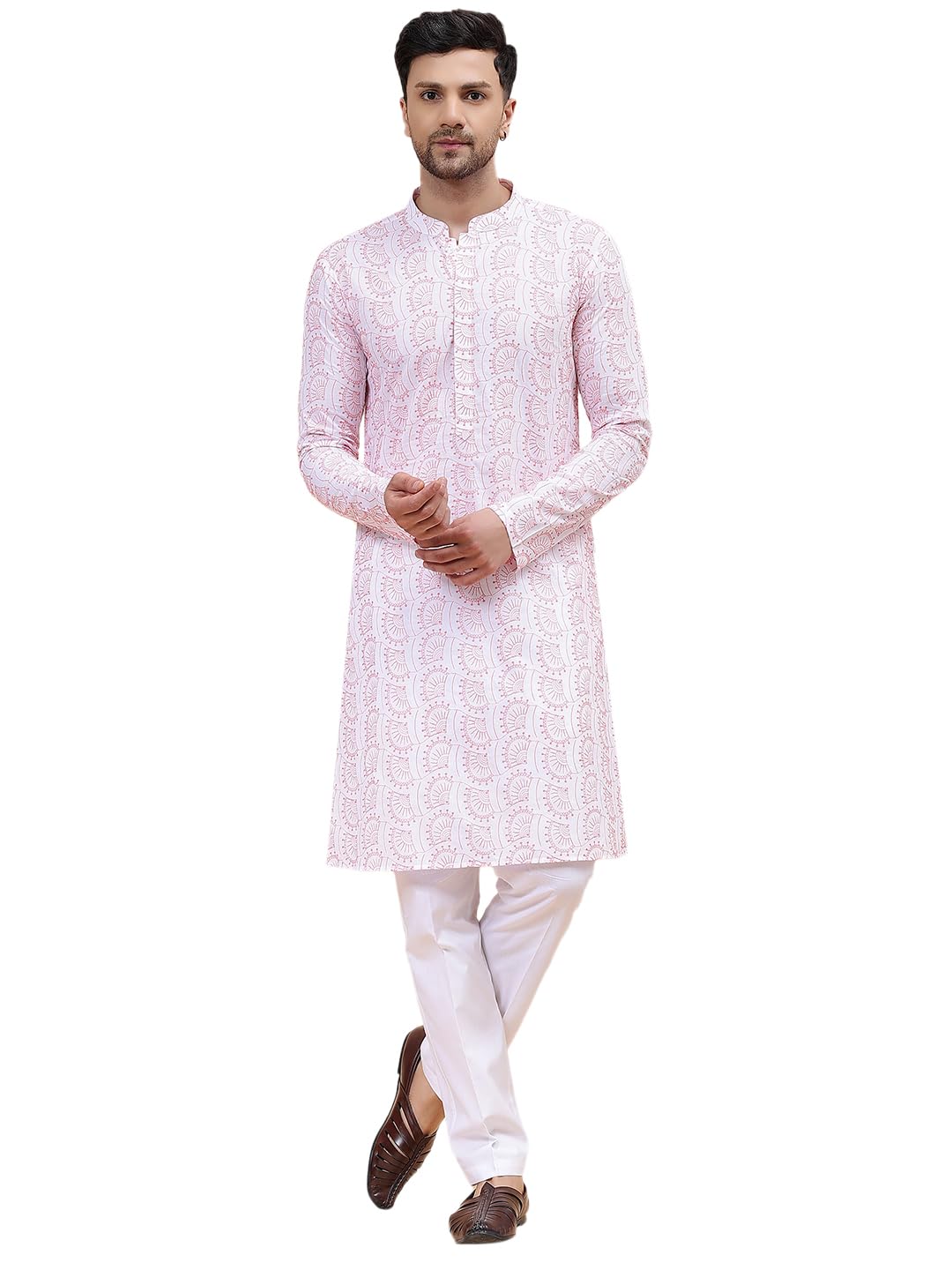 See Designs Men Mandarin Collar White & Orange Pure Cotton Embroidered Staright Full Sleeve Kurta With Pajama