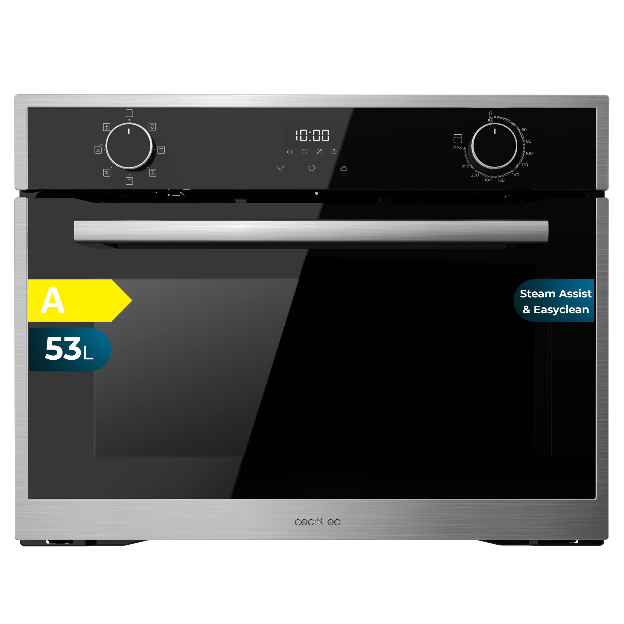 Cecotec Einbaubackofen 45 cm hoch Bolero Hexa M224500 Edge A. 2600W, 53L Kapazität, 7 Funktionen, Grill, Umluftgrill, Konvektion, Auftauen, Dampfbasis X2, Steam EasyClean, Steam Assist