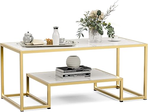 Miniatura 3 de Mesa auxiliar anidable dorada de alto brillo, mesa auxiliar de sofá de mármol sintético de 2 niveles con estante, mesita de noche con marco de metal