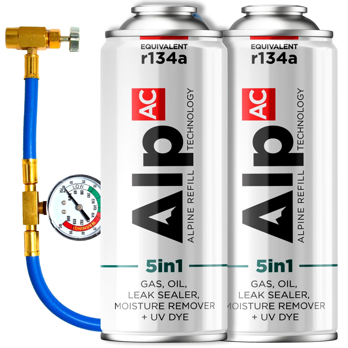 AlpAC 5in1 Kit Recarga Aire Acondicionado R134a (2x Latas + Manguera) – Gas Sustituto incl. sellador, aceite, UV y deshumidificador – Coches hasta 2016
