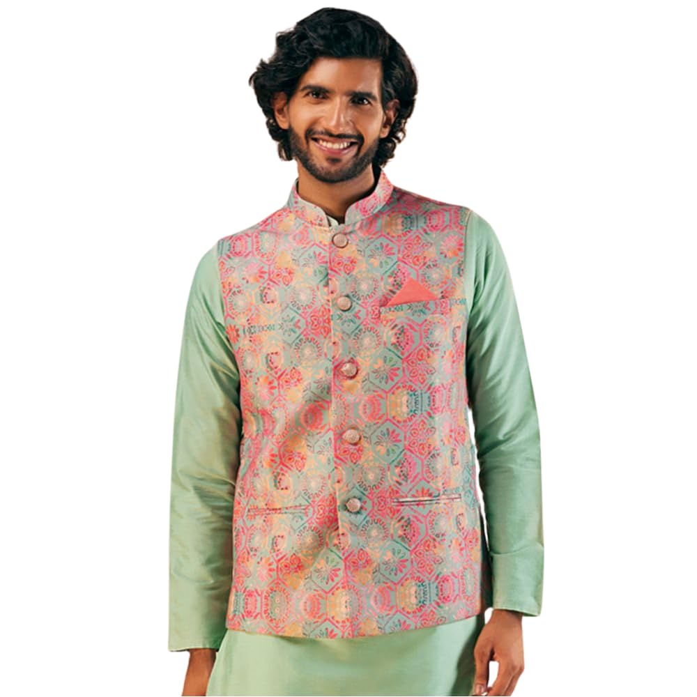 kisah Men's Nehru Jacket, Multi Cotton Blend, Printed Regular Fit Mandarin Collar Sleeveless-picture-29