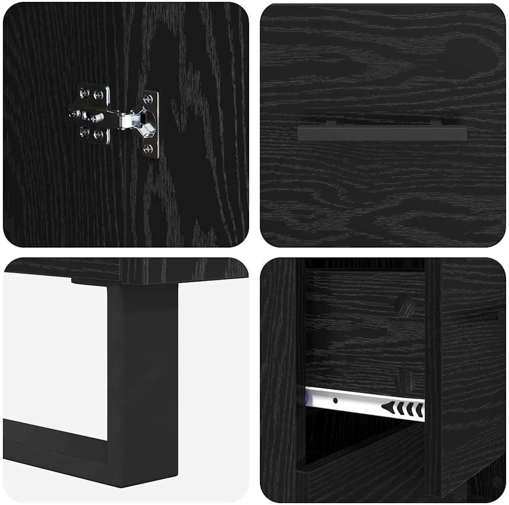 Dettagli ravvicinati di cerniere, maniglie, guide per cassetti e piedini della credenza.