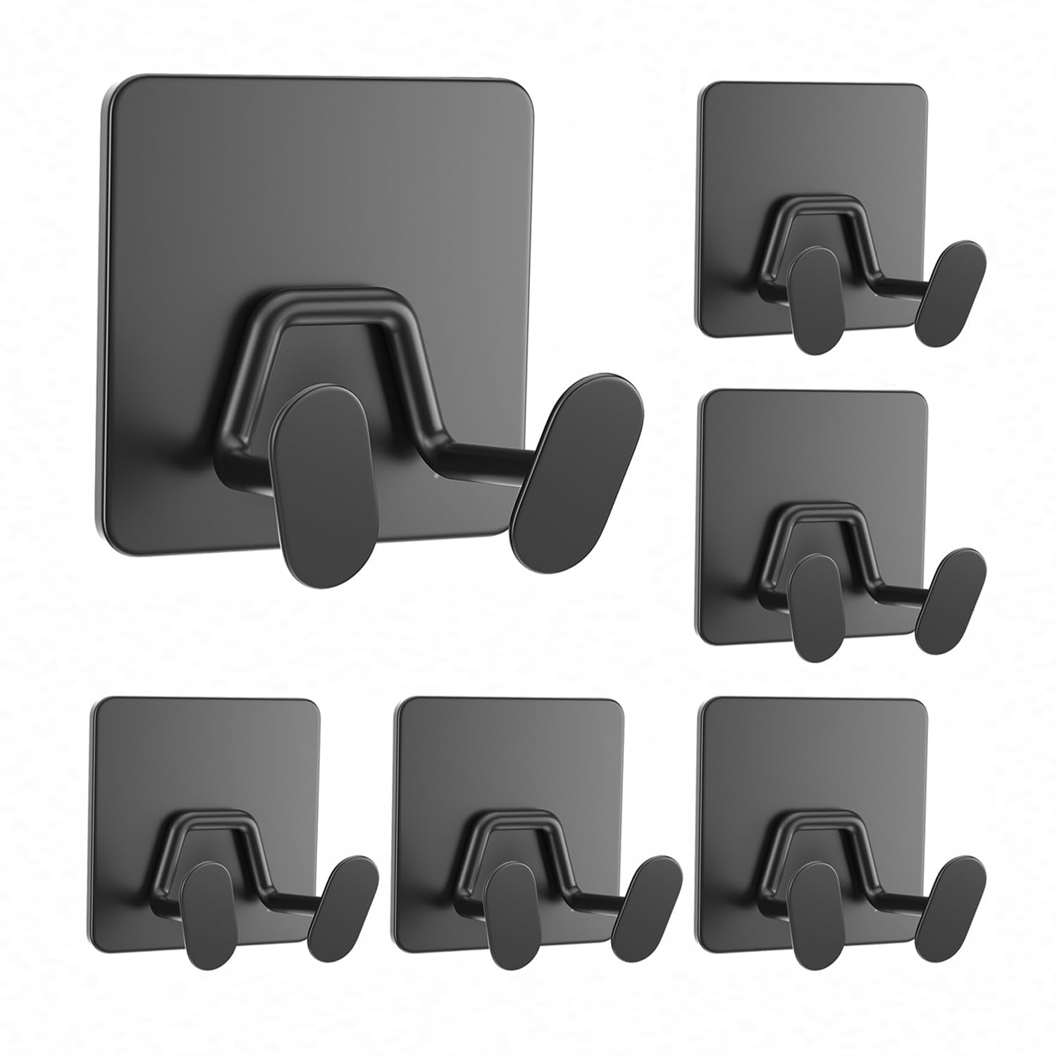 susswiff Adhesive Shower Hooks for Bathroom - Extra Sticky Stainless, Wall Hooks for Hanging Towel, Razor, Loofah, Robe, Coat, Heavy Duty Hanger for Kitchen, Bedroom, Door, Metal, Matt Black, 6 Pack