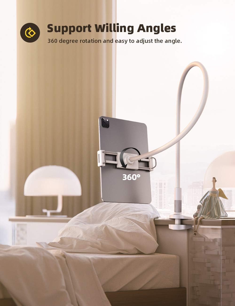 Lamicall Gooseneck Tablet Holder, Tablet Mount - Flexible Arm Clip Tablet Stand Compatible with iPad Mini Pro Air, Galaxy Tabs, Switch, More 4.7-11" Devices - Whtie