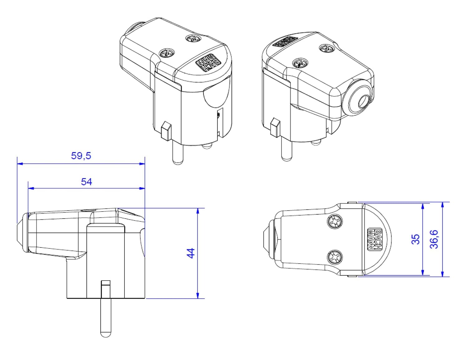 Bachmann Winkelstecker CEE 7/7 2-polig mit Schutzkontakt, grau (960.302)