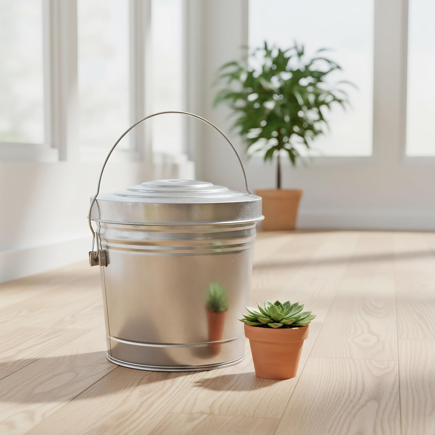 6-Gallon Galvanized Steel Storage Can with Lid, Heavy-Duty Metal Trash Can for Outdoor, Indoor Use, Pet Food Container, Bird Seed Storage, Ash Bucket, Rodent Proof, Ideal for Garage, Garden, Patio