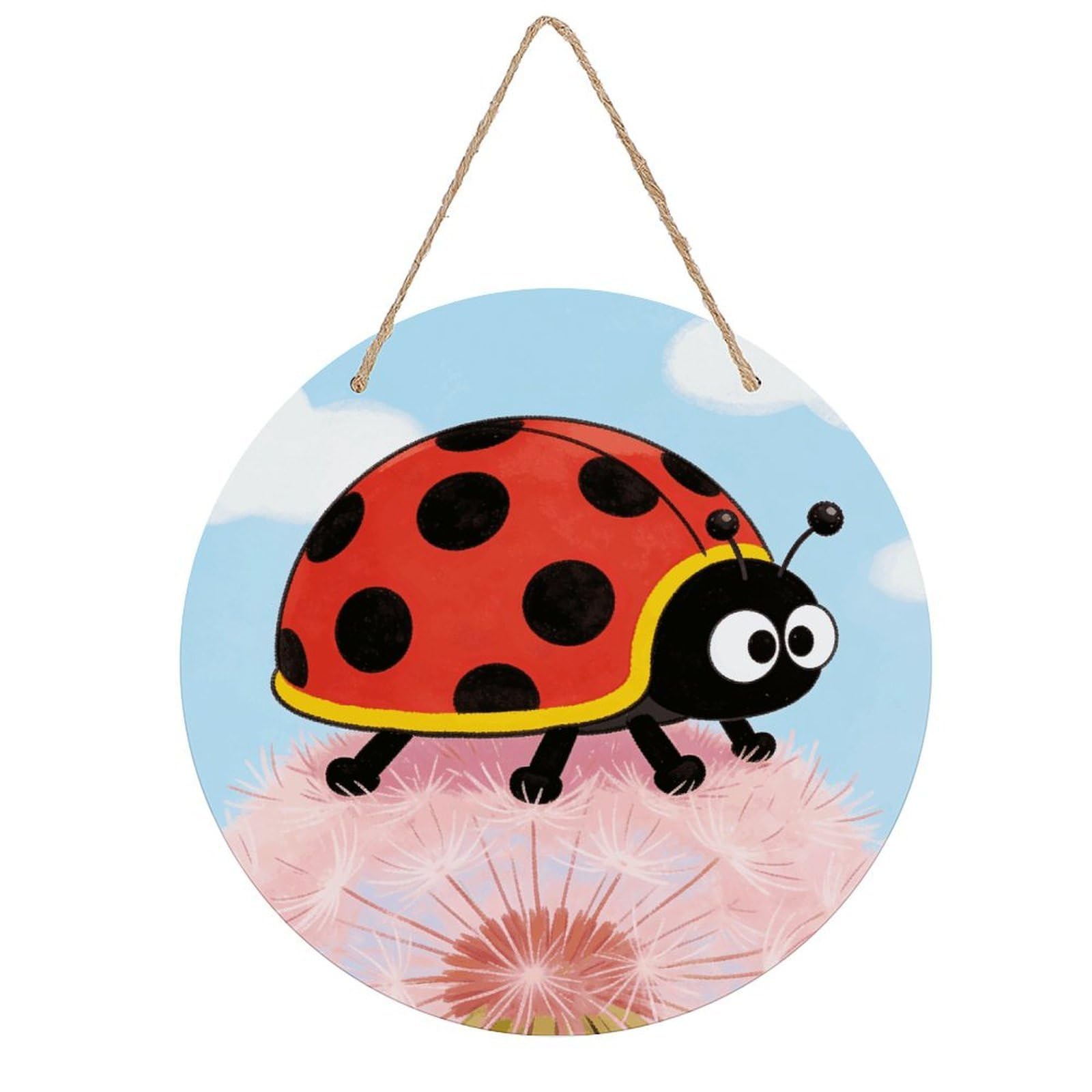 LZQPOEAS Ladybug Round Wood Wall Art Painting, 7.9 Inch Circular Wooden Door Hanger Decorative Paintings, Rope-Hanging Wooden Wall Plaque for Home Decor And Office Party