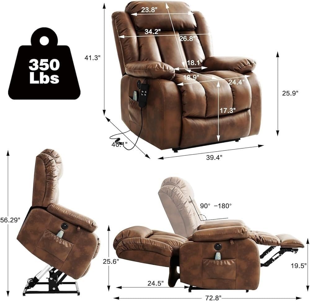 Heavy Duty Lift Recliner Chair for Adults with Heat Massage Leather Electric Lift Chair Infinite Position Lay Flat Design 2 Remote Controls 400lbs Weight Capacity