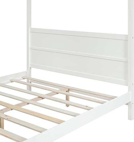 Miniatura 17 de Harper & Bright Designs Cama con dosel de tamaño Queen con cabecera y soporte de listones, cama de plataforma con tapicería de lino con marco de