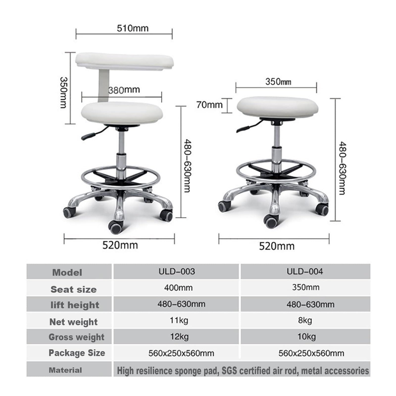 Sgabello dentale girevole a 360°, regolabile in altezza, in poliuretano, con braccioli, sedile per assistente medico, per dentisti, ufficio, salone