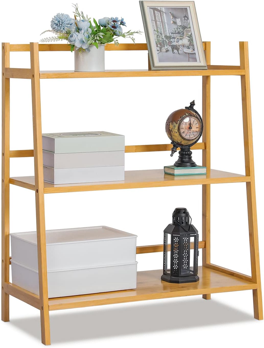MoNiBloom Ladder Shelf for Plant Flower Book, Bamboo 3-Tier Trapezoid Storage Shelf Organizer for Living Room Balcony Kitchen Bathroom Home Office, Natural
