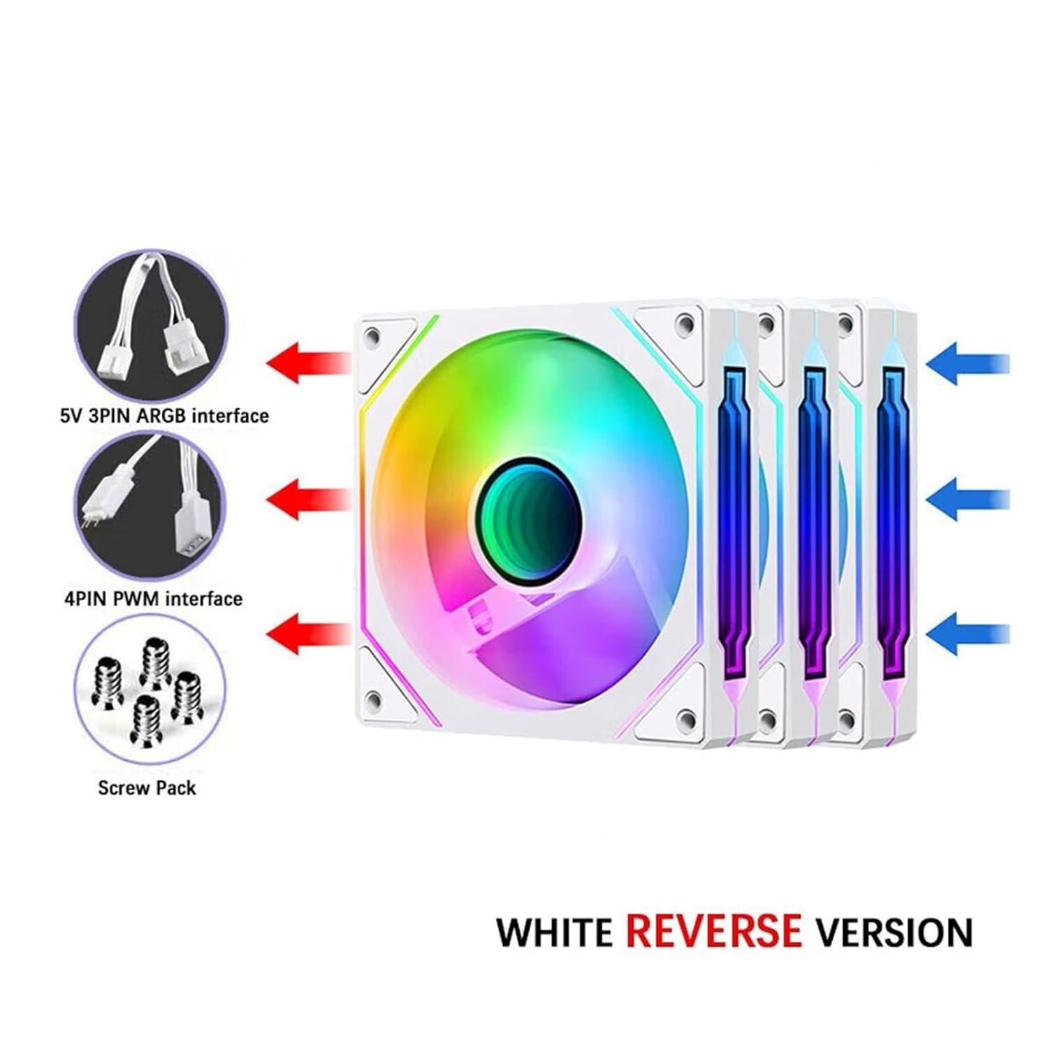 3個入り コンピューターケースファン 12cm ARGB 4ピン PWM 12V 冷却ファン(White REVERSED)
